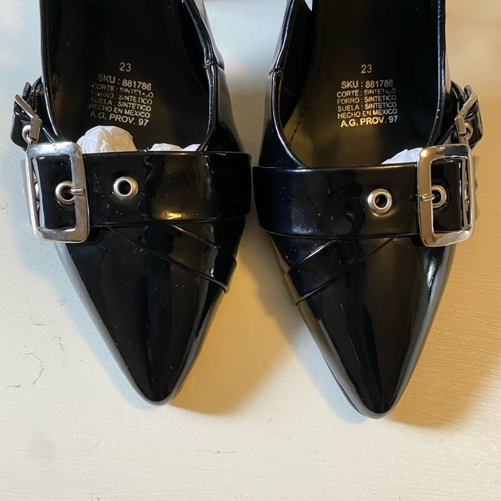 Black Patent Leather Heels with Silver Buckle